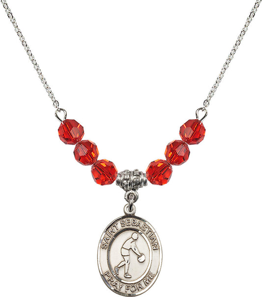 Sterling Silver Saint Sebastian/Basketball Birthstone Necklace with Ruby Beads - 8163