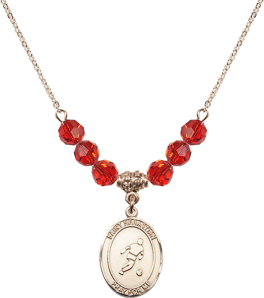 14kt Gold Filled Saint Sebastian/Soccer Birthstone Necklace with Ruby Beads - 8164