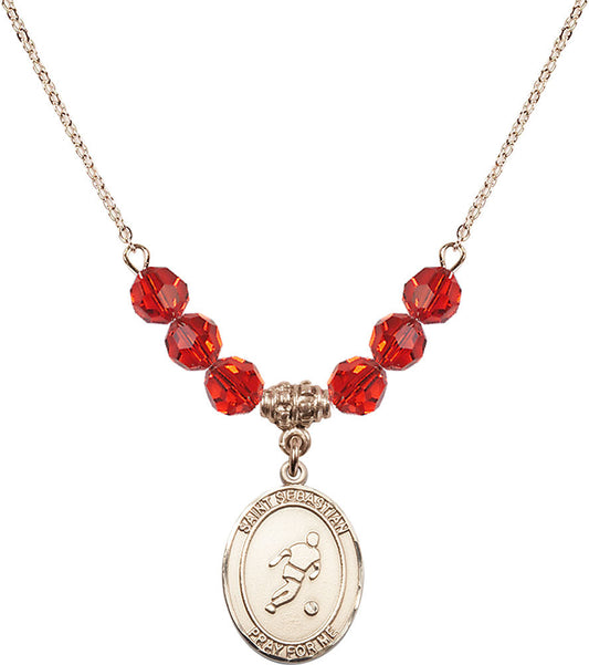 14kt Gold Filled Saint Sebastian/Soccer Birthstone Necklace with Ruby Beads - 8164