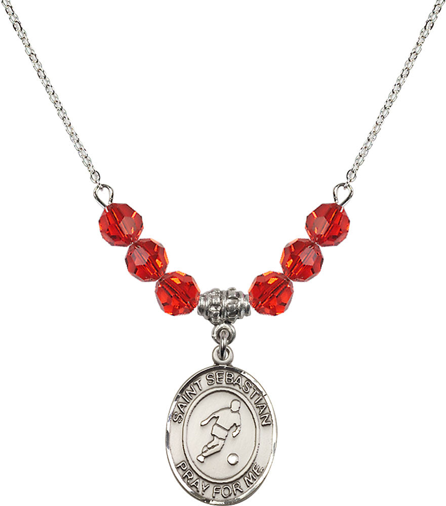 Sterling Silver Saint Sebastian/Soccer Birthstone Necklace with Ruby Beads - 8164