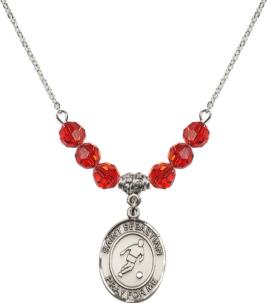 Sterling Silver Saint Sebastian/Soccer Birthstone Necklace with Ruby Beads - 8164