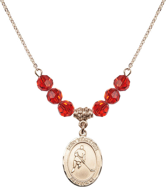 14kt Gold Filled Saint Sebastian/Ice Hockey Birthstone Necklace with Ruby Beads - 8165