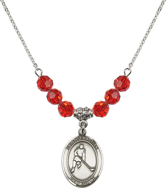 Sterling Silver Saint Sebastian/Ice Hockey Birthstone Necklace with Ruby Beads - 8165