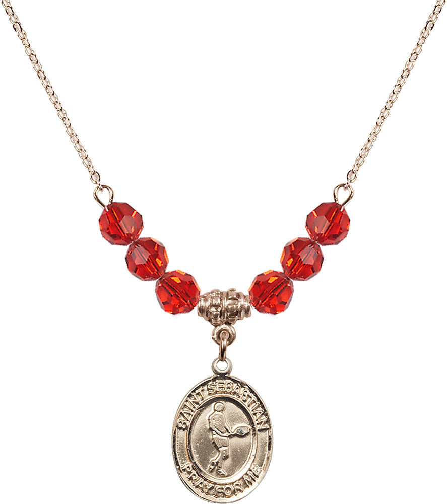 14kt Gold Filled Saint Sebastian/Tennis Birthstone Necklace with Ruby Beads - 8166