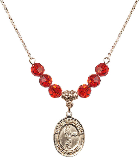 14kt Gold Filled Saint Sebastian/Tennis Birthstone Necklace with Ruby Beads - 8166