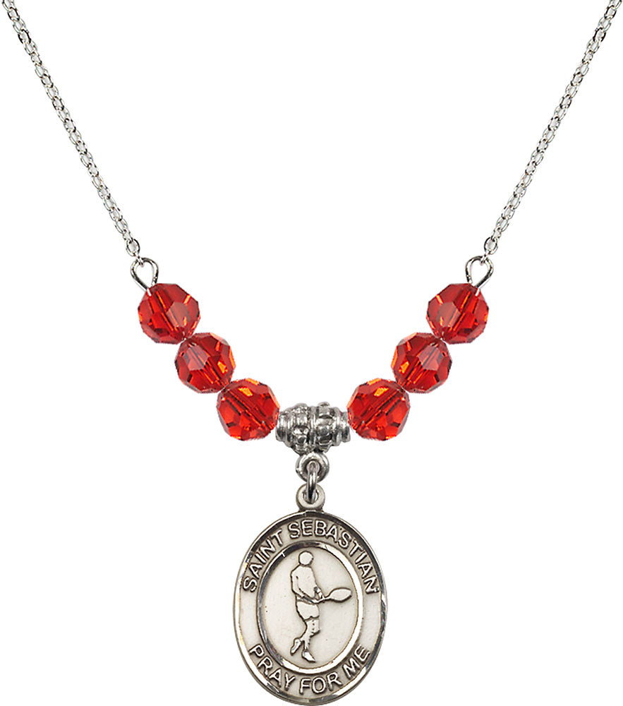 Sterling Silver Saint Sebastian/Tennis Birthstone Necklace with Ruby Beads - 8166