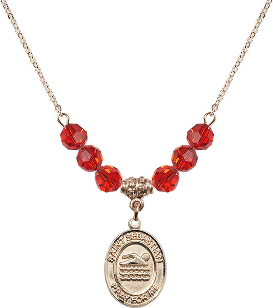 14kt Gold Filled Saint Sebastian/Swimming Birthstone Necklace with Ruby Beads - 8167