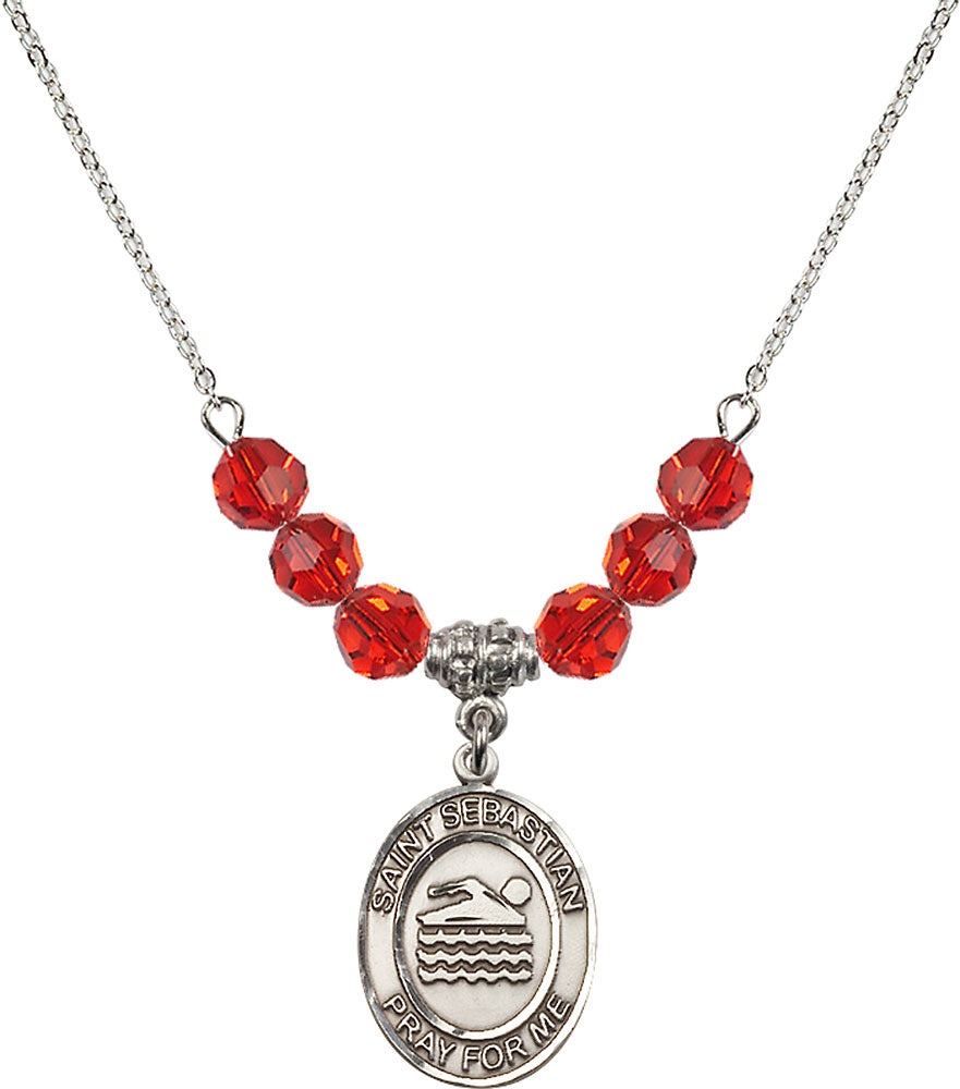 Sterling Silver Saint Sebastian/Swimming Birthstone Necklace with Ruby Beads - 8167