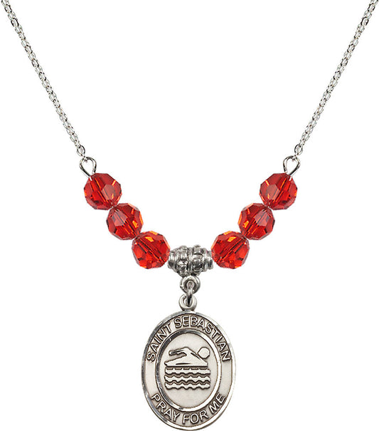 Sterling Silver Saint Sebastian/Swimming Birthstone Necklace with Ruby Beads - 8167