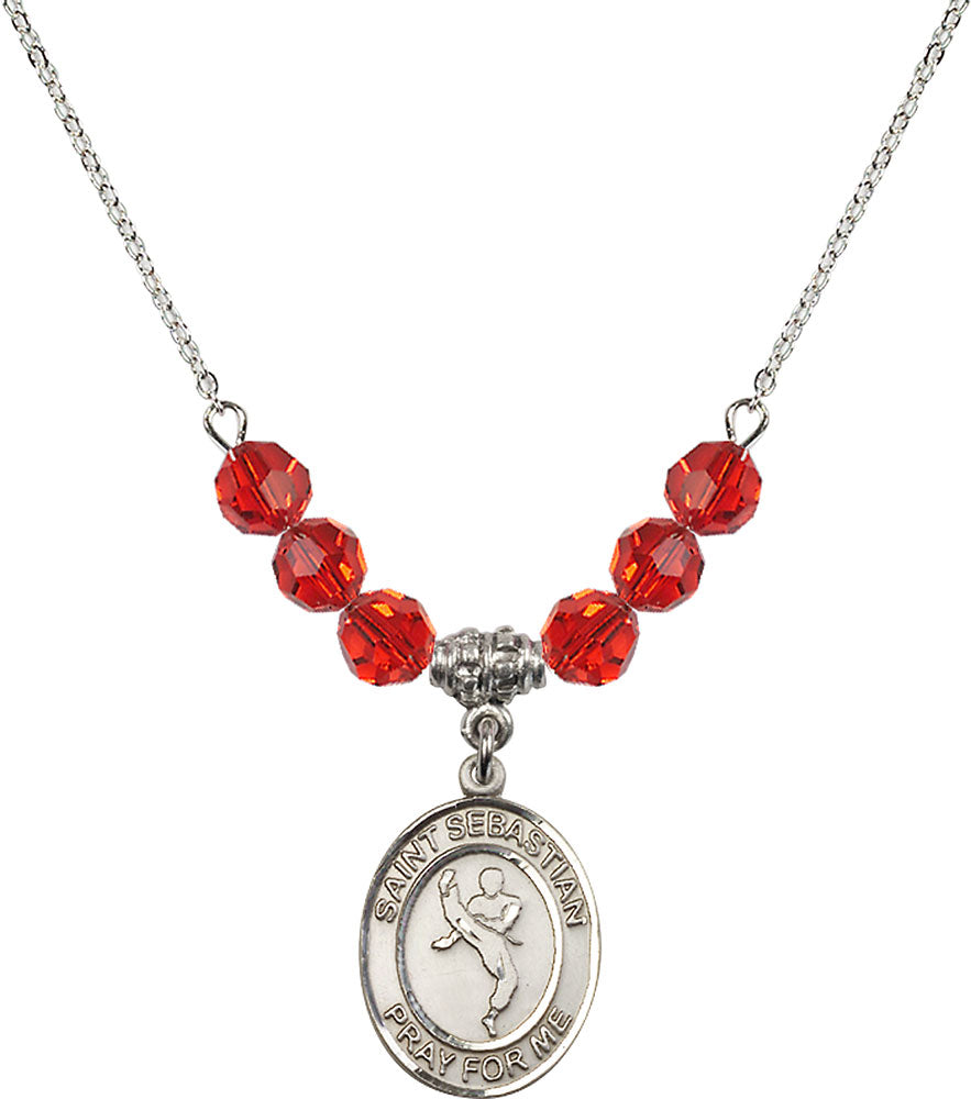 Sterling Silver Saint Sebastian/Martial Arts Birthstone Necklace with Ruby Beads - 8168