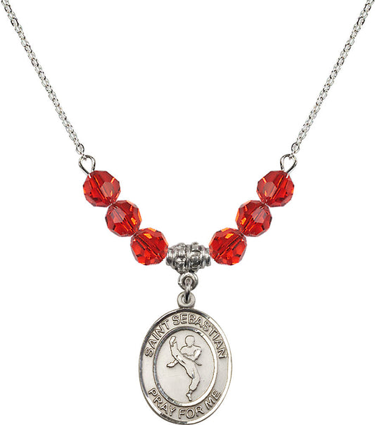 Sterling Silver Saint Sebastian/Martial Arts Birthstone Necklace with Ruby Beads - 8168
