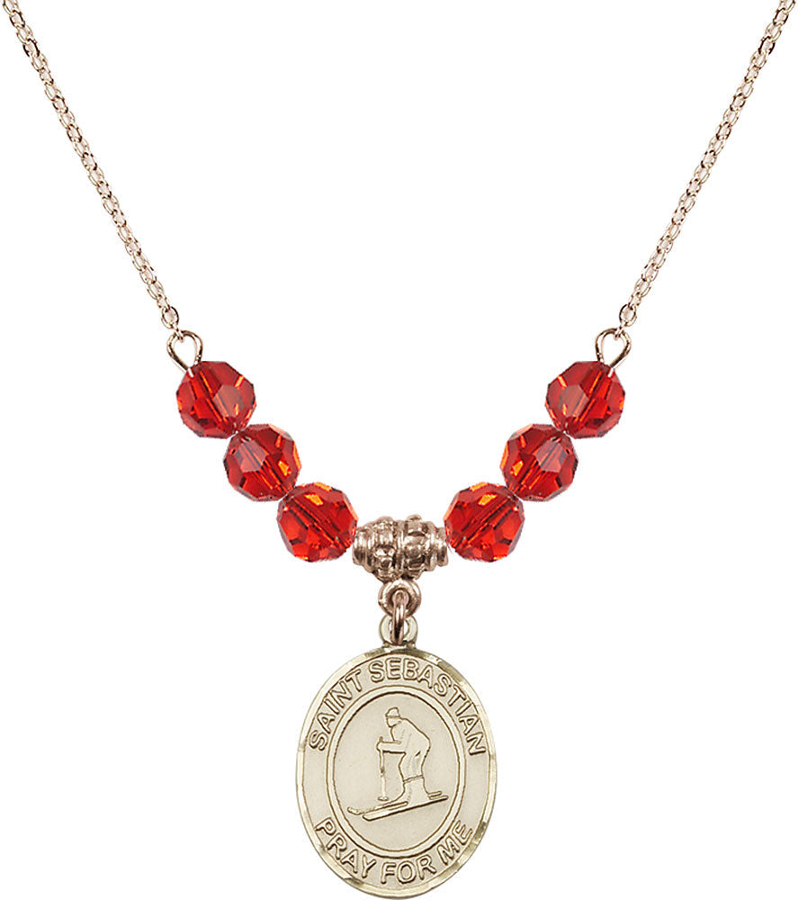14kt Gold Filled Saint Sebastian/Skiing Birthstone Necklace with Ruby Beads - 8169