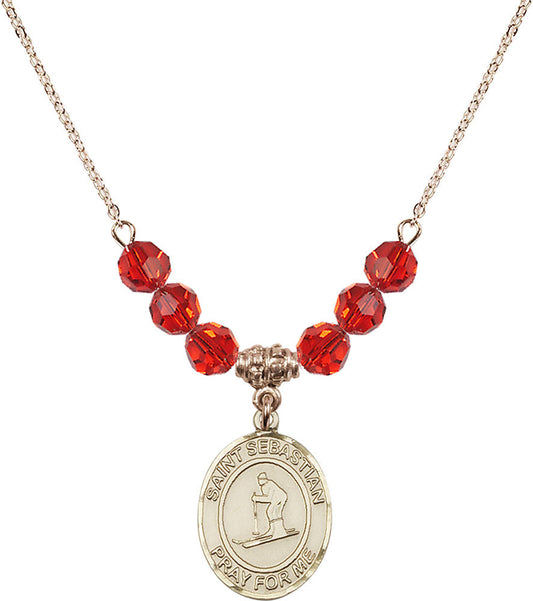 14kt Gold Filled Saint Sebastian/Skiing Birthstone Necklace with Ruby Beads - 8169