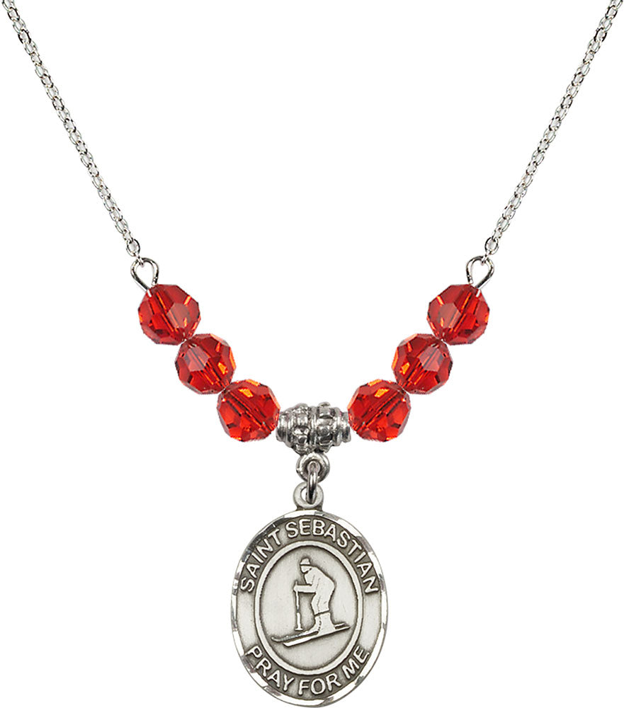 Sterling Silver Saint Sebastian/Skiing Birthstone Necklace with Ruby Beads - 8169