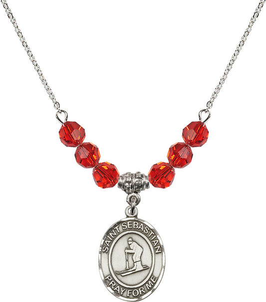 Sterling Silver Saint Sebastian/Skiing Birthstone Necklace with Ruby Beads - 8169