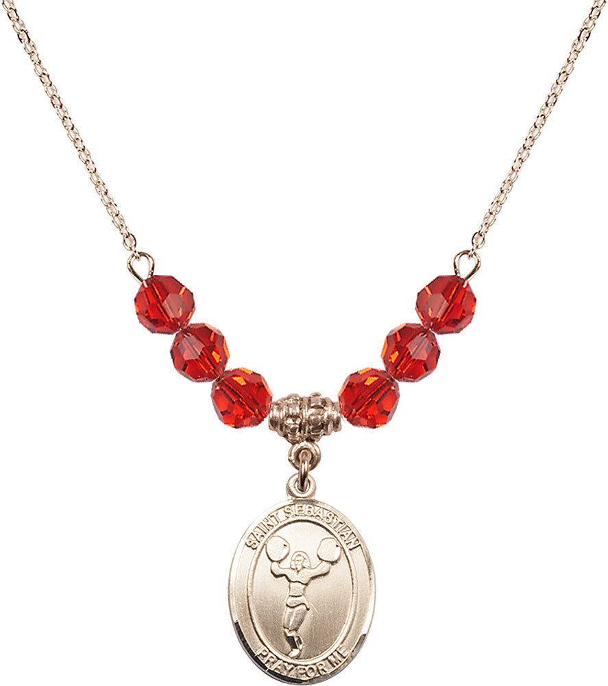14kt Gold Filled Saint Sebastian/Cheerleading Birthstone Necklace with Ruby Beads - 8170