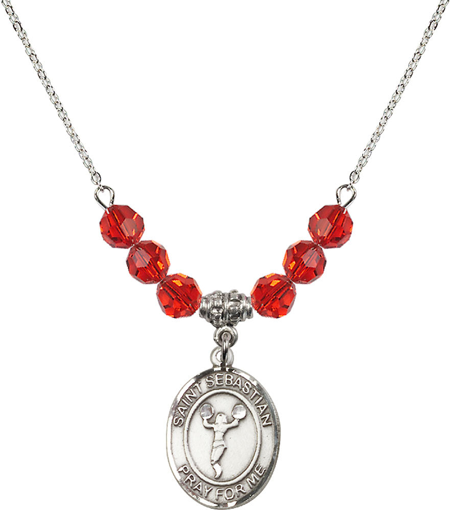 Sterling Silver Saint Sebastian/Cheerleading Birthstone Necklace with Ruby Beads - 8170