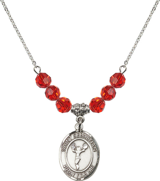 Sterling Silver Saint Sebastian/Cheerleading Birthstone Necklace with Ruby Beads - 8170
