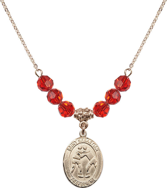 14kt Gold Filled Saint Sebastian/Wrestling Birthstone Necklace with Ruby Beads - 8171