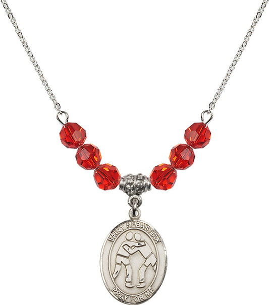Sterling Silver Saint Sebastian/Wrestling Birthstone Necklace with Ruby Beads - 8171