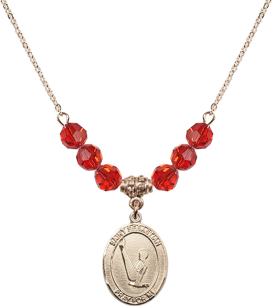 14kt Gold Filled Saint Sebastian/Gymnastics Birthstone Necklace with Ruby Beads - 8172