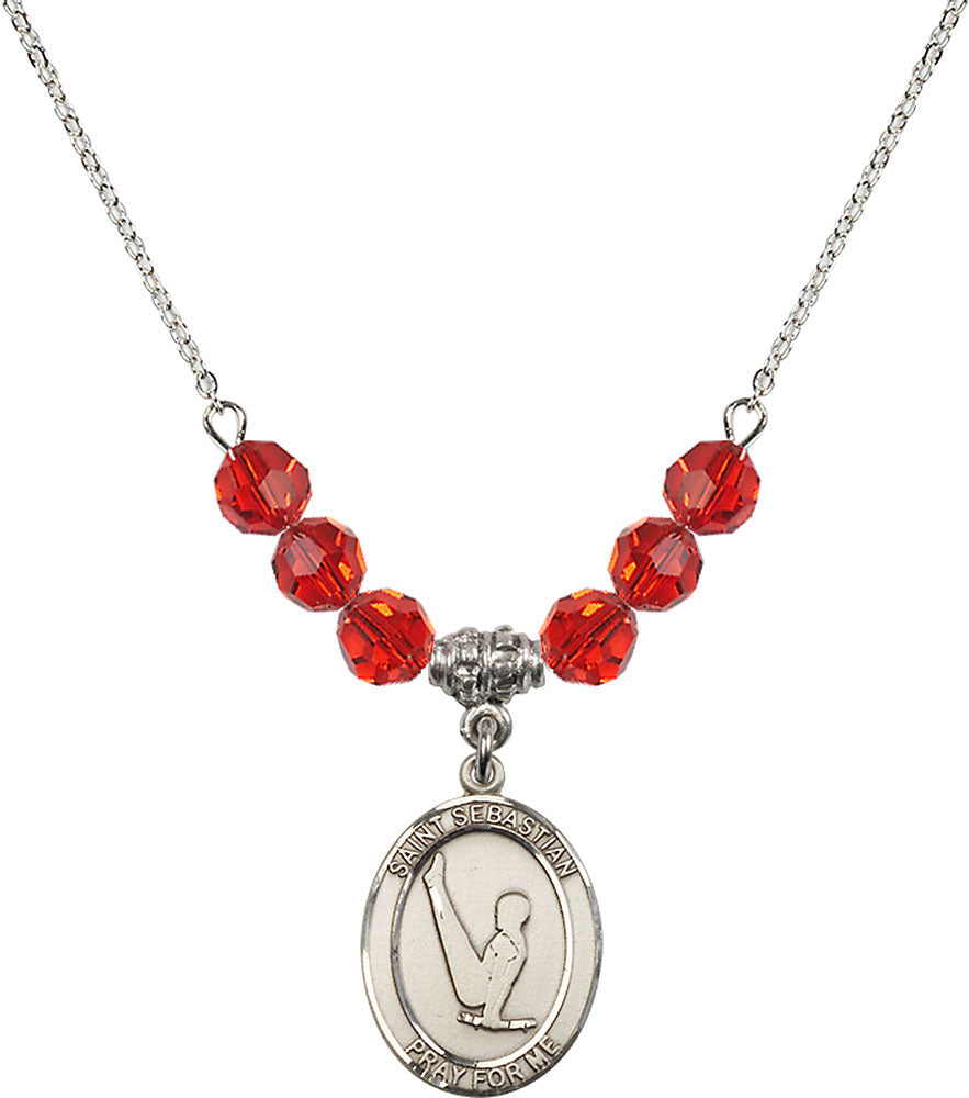 Sterling Silver Saint Sebastian/Gymnastics Birthstone Necklace with Ruby Beads - 8172