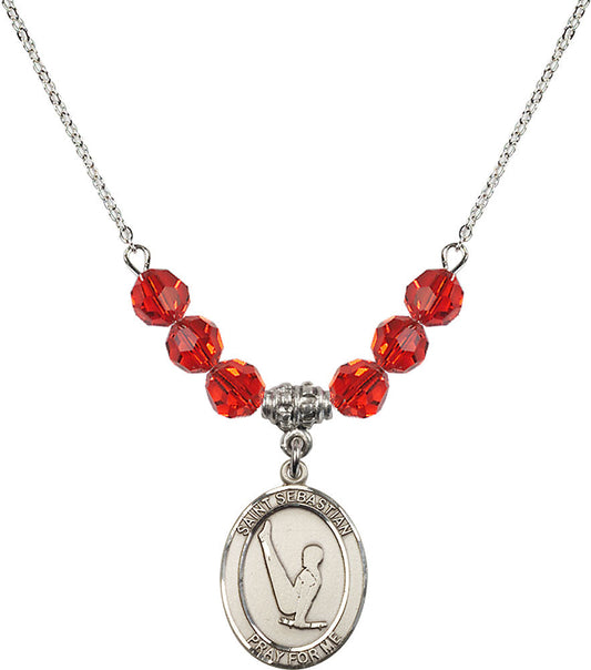 Sterling Silver Saint Sebastian/Gymnastics Birthstone Necklace with Ruby Beads - 8172