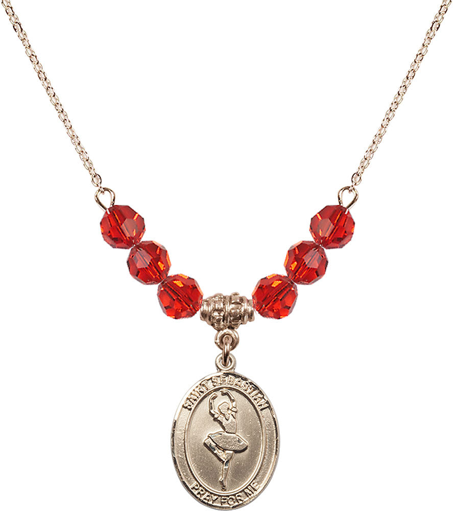 14kt Gold Filled Saint Sebastian/Dance Birthstone Necklace with Ruby Beads - 8173