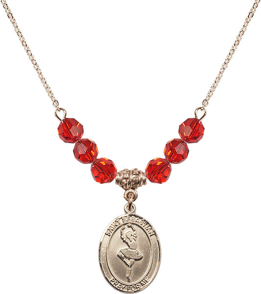 14kt Gold Filled Saint Sebastian/Dance Birthstone Necklace with Ruby Beads - 8173