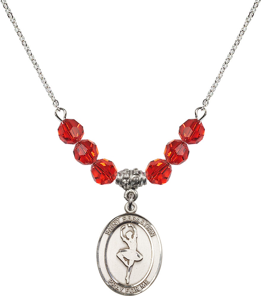 Sterling Silver Saint Sebastian/Dance Birthstone Necklace with Ruby Beads - 8173