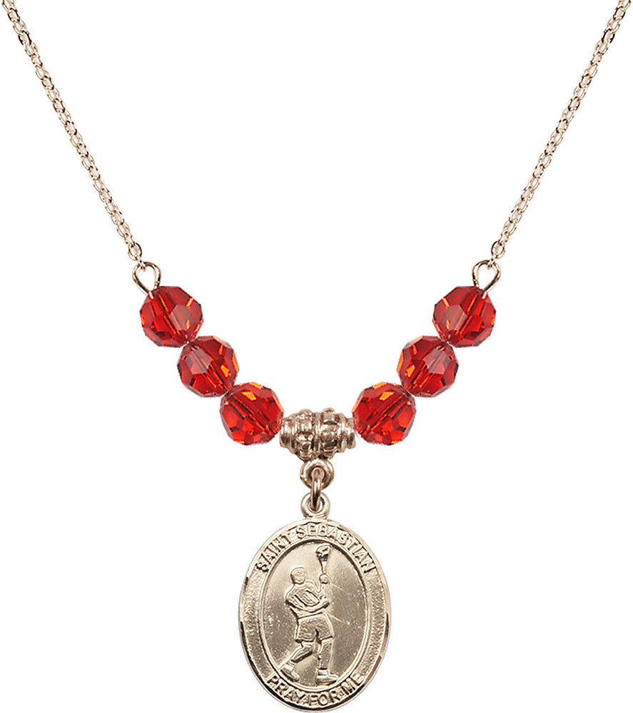 14kt Gold Filled Saint Sebastian/Lacrosse Birthstone Necklace with Ruby Beads - 8174