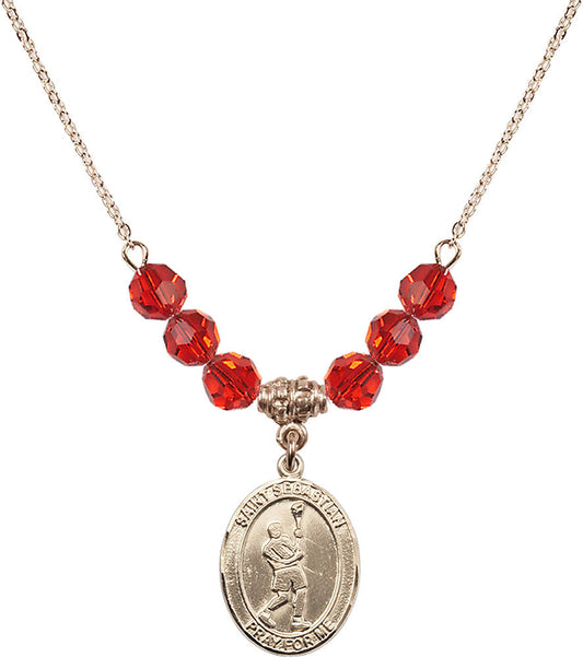 14kt Gold Filled Saint Sebastian/Lacrosse Birthstone Necklace with Ruby Beads - 8174