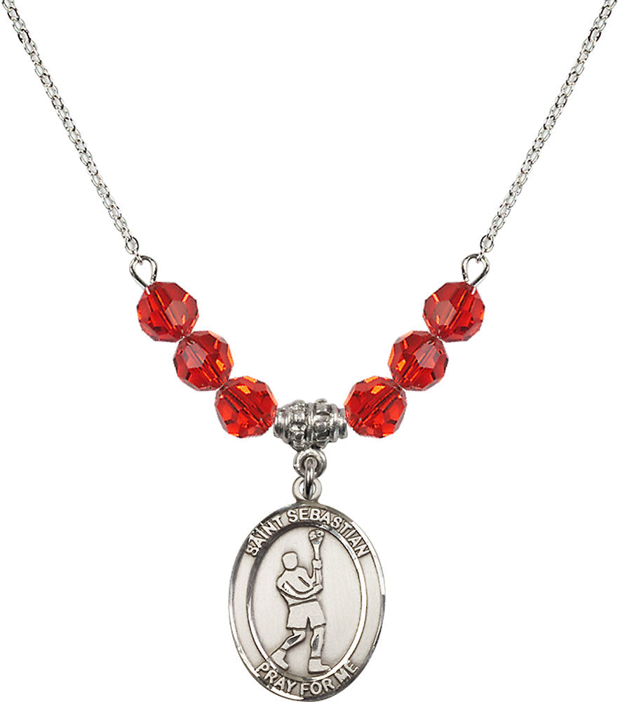 Sterling Silver Saint Sebastian/Lacrosse Birthstone Necklace with Ruby Beads - 8174