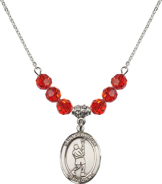 Sterling Silver Saint Sebastian/Lacrosse Birthstone Necklace with Ruby Beads - 8174