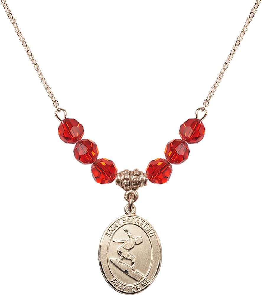 14kt Gold Filled Saint Sebastian/Surfing Birthstone Necklace with Ruby Beads - 8175