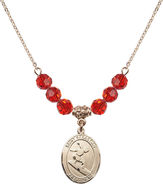 14kt Gold Filled Saint Sebastian/Surfing Birthstone Necklace with Ruby Beads - 8175