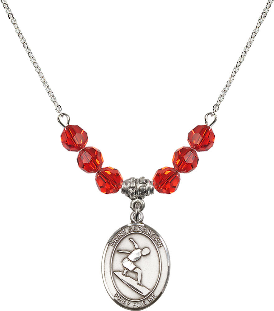 Sterling Silver Saint Sebastian/Surfing Birthstone Necklace with Ruby Beads - 8175