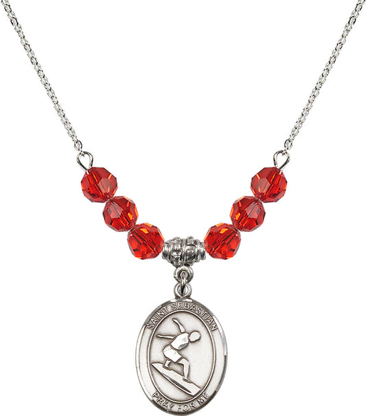 Sterling Silver Saint Sebastian/Surfing Birthstone Necklace with Ruby Beads - 8175