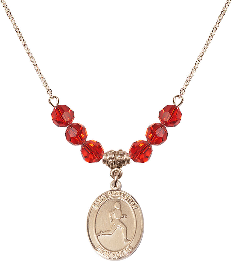 14kt Gold Filled Saint Sebastian/Track & Field Birthstone Necklace with Ruby Beads - 8176