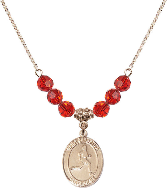 14kt Gold Filled Saint Sebastian/Track & Field Birthstone Necklace with Ruby Beads - 8176