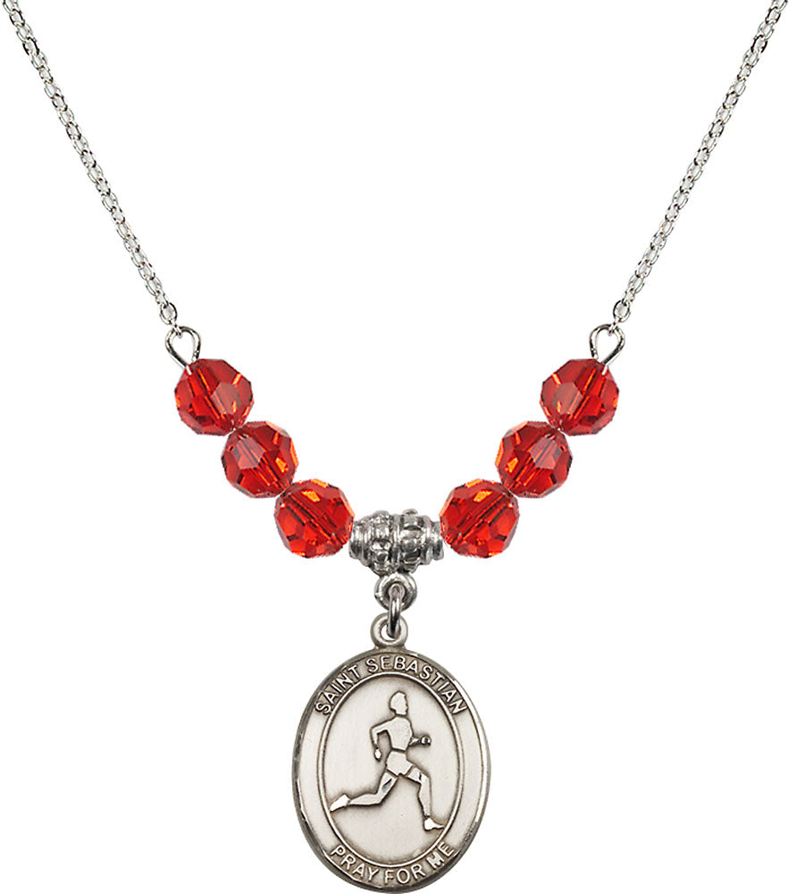 Sterling Silver Saint Sebastian/Track & Field Birthstone Necklace with Ruby Beads - 8176