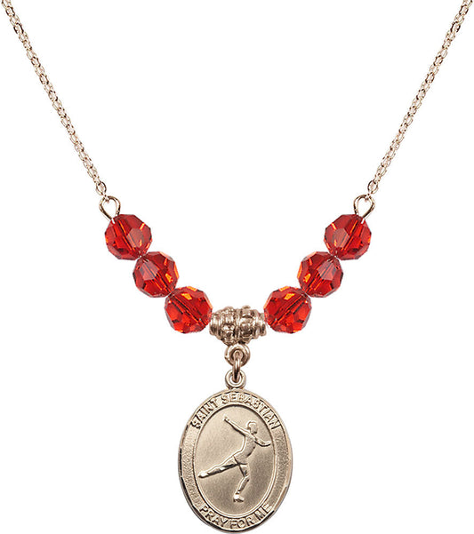14kt Gold Filled Saint Sebastian/Figure Skating Birthstone Necklace with Ruby Beads - 8177