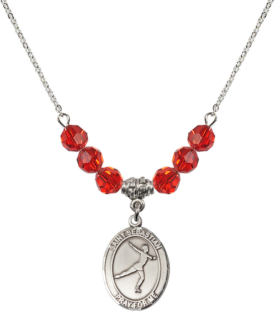 Sterling Silver Saint Sebastian/Figure Skating Birthstone Necklace with Ruby Beads - 8177