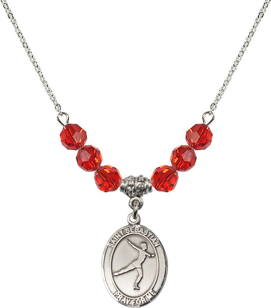 Sterling Silver Saint Sebastian/Figure Skating Birthstone Necklace with Ruby Beads - 8177