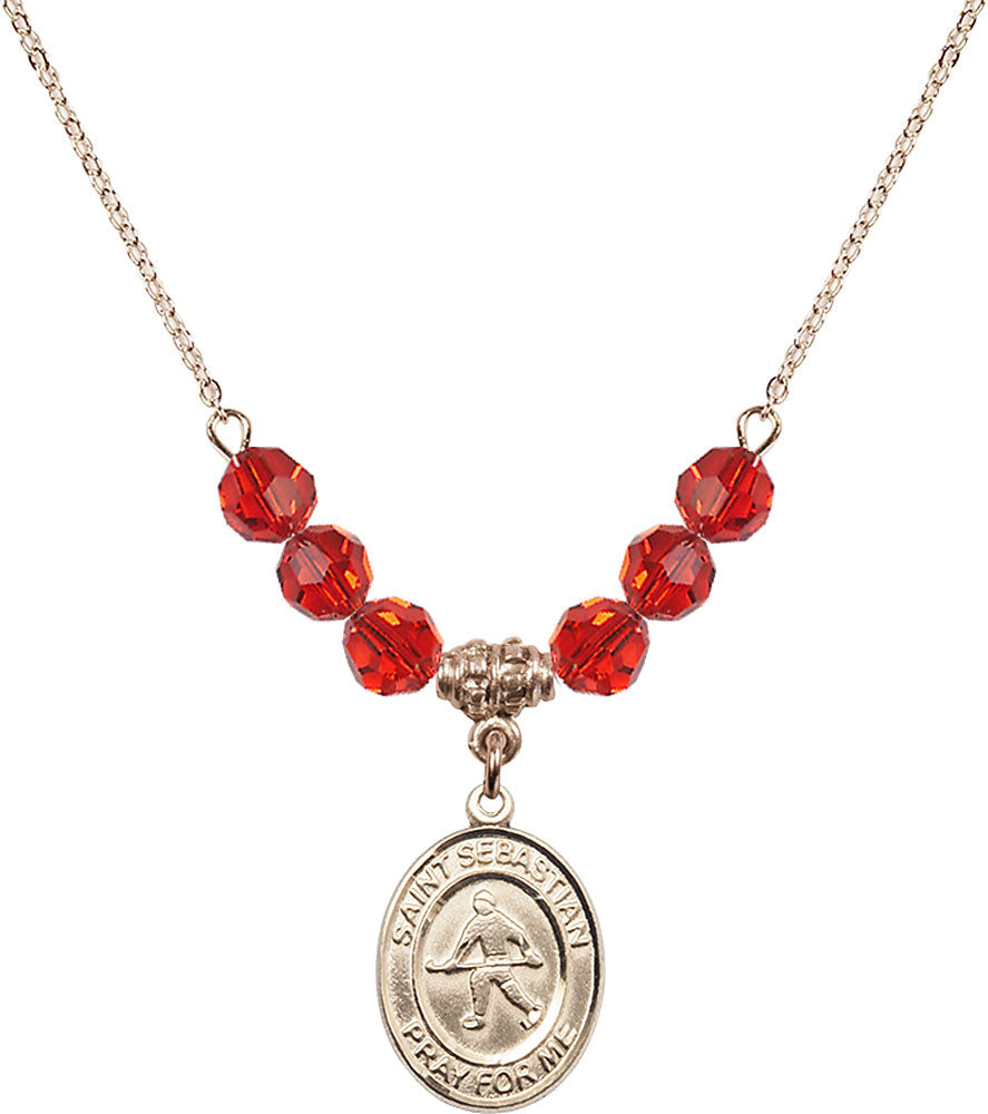 14kt Gold Filled Saint Sebastian/Field Hockey Birthstone Necklace with Ruby Beads - 8178