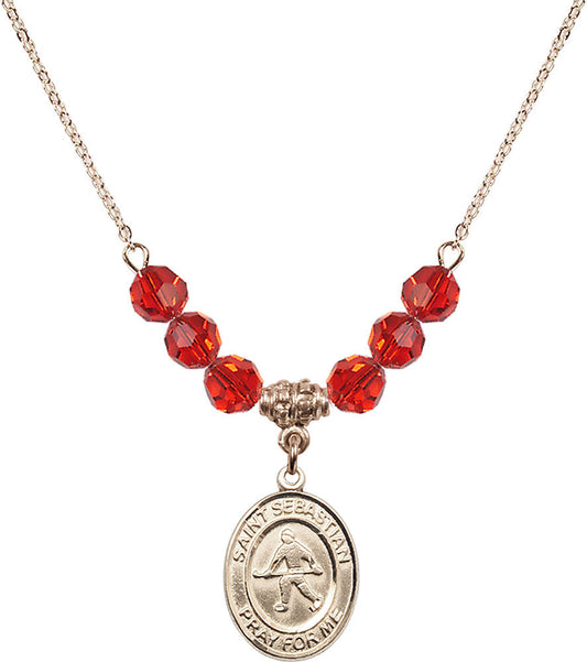 14kt Gold Filled Saint Sebastian/Field Hockey Birthstone Necklace with Ruby Beads - 8178
