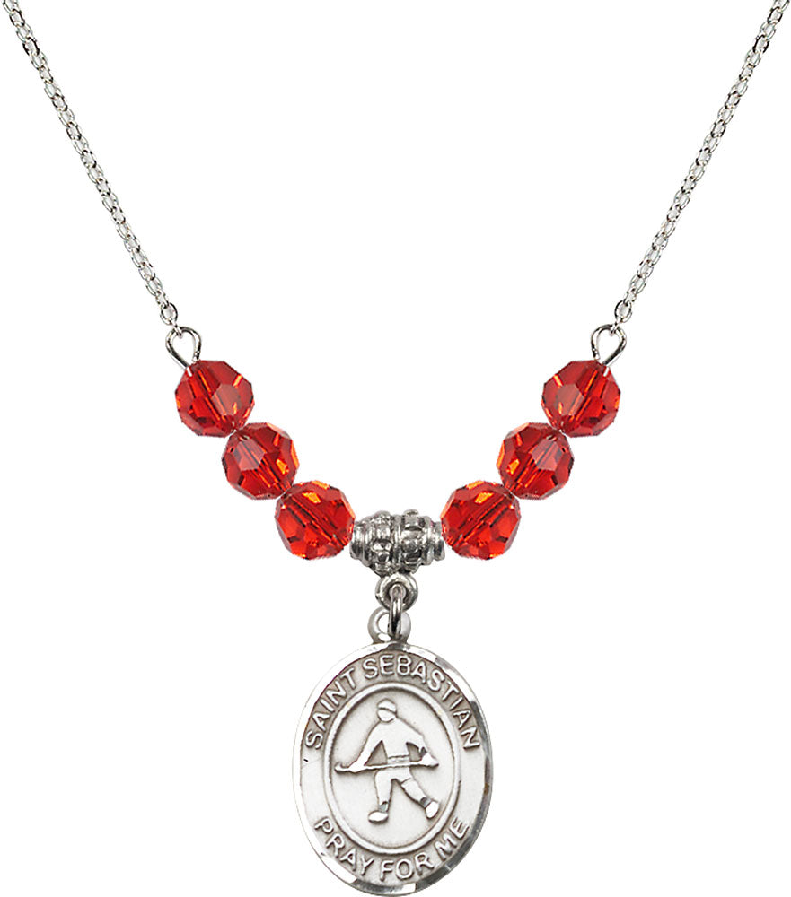 Sterling Silver Saint Sebastian/Field Hockey Birthstone Necklace with Ruby Beads - 8178