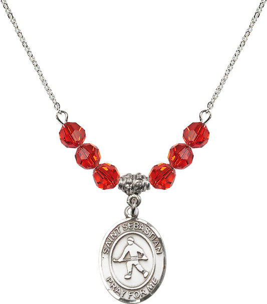 Sterling Silver Saint Sebastian/Field Hockey Birthstone Necklace with Ruby Beads - 8178