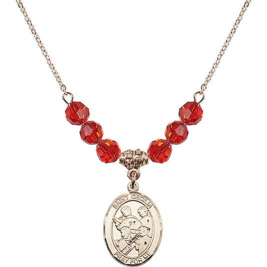 14kt Gold Filled Saint Cecilia / Marching Band Birthstone Necklace with Ruby Beads - 8179