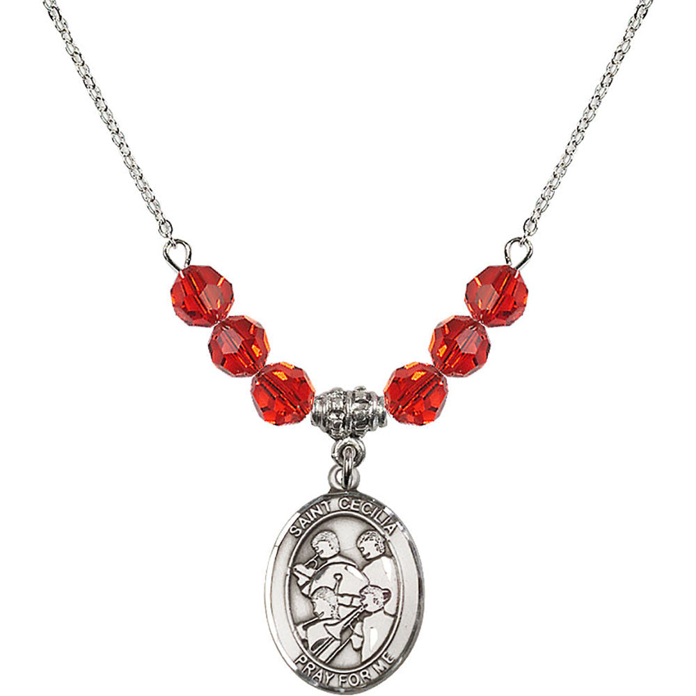 Sterling Silver Saint Cecilia / Marching Band Birthstone Necklace with Ruby Beads - 8179
